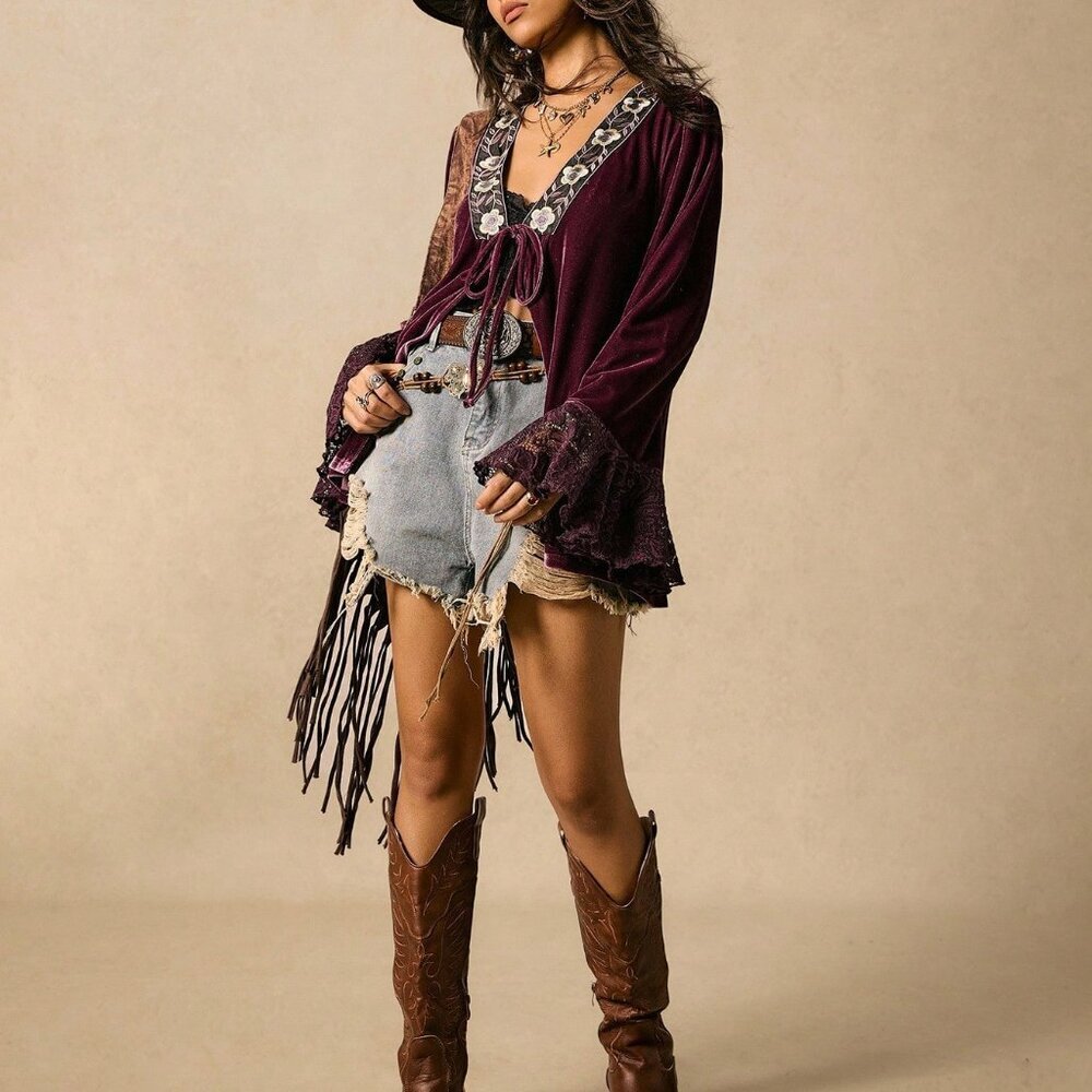 Multicolor Boho Women's V-Neck Tie-Up Rose Lace Patchwork Flare Sleeve Jacket